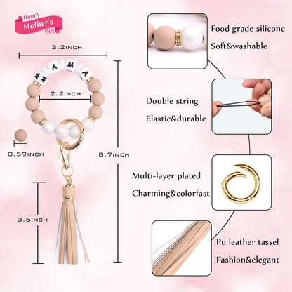 BAOSIWA Silicone Beaded Bracelet Keychain Wristlet Key Ring Bangle Chains for Women with Leather Tassel