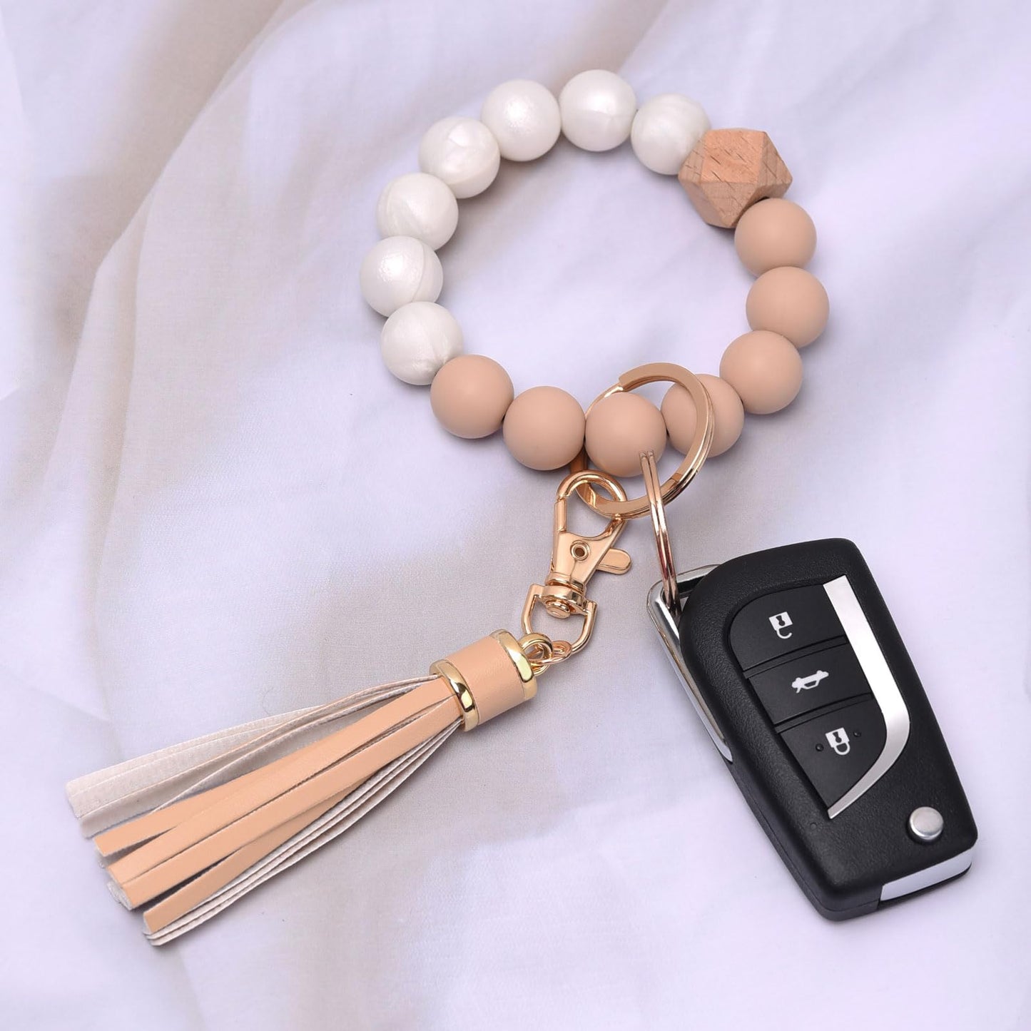 BAOSIWA Silicone Beaded Bracelet Keychain Wristlet Key Ring Bangle Chains for Women with Leather Tassel