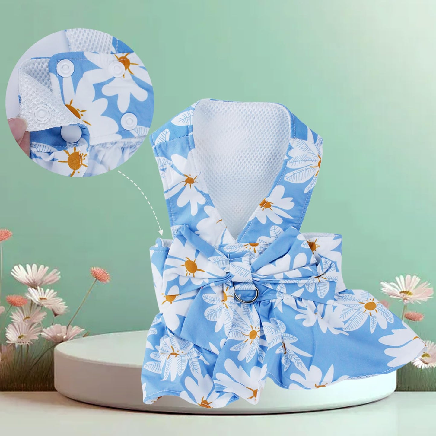 Dog Dress Bowknot Harness Leash Set for Small Girl Dogs Pink Floral Dog Cat Clothes Cute Puppy Outfits Pet Clothes Spring Summer Breathable Dresses(Samll)