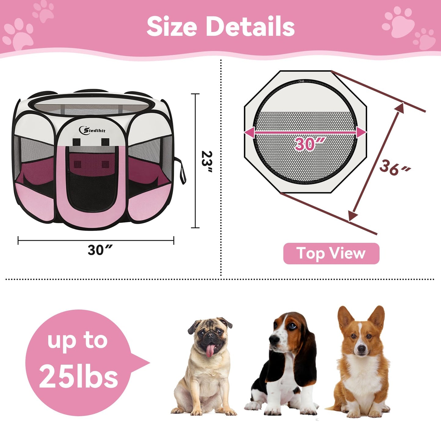 Siedihit Dog Cat Playpen, Puppy Pet Playpen Indoor for Small Dog Crate Tent Cage Outdoor, Portable Pop Up Dogs Enclosure Kennel with Carrying Case for Dogs/Cats/Rabbits(Grey, Small
