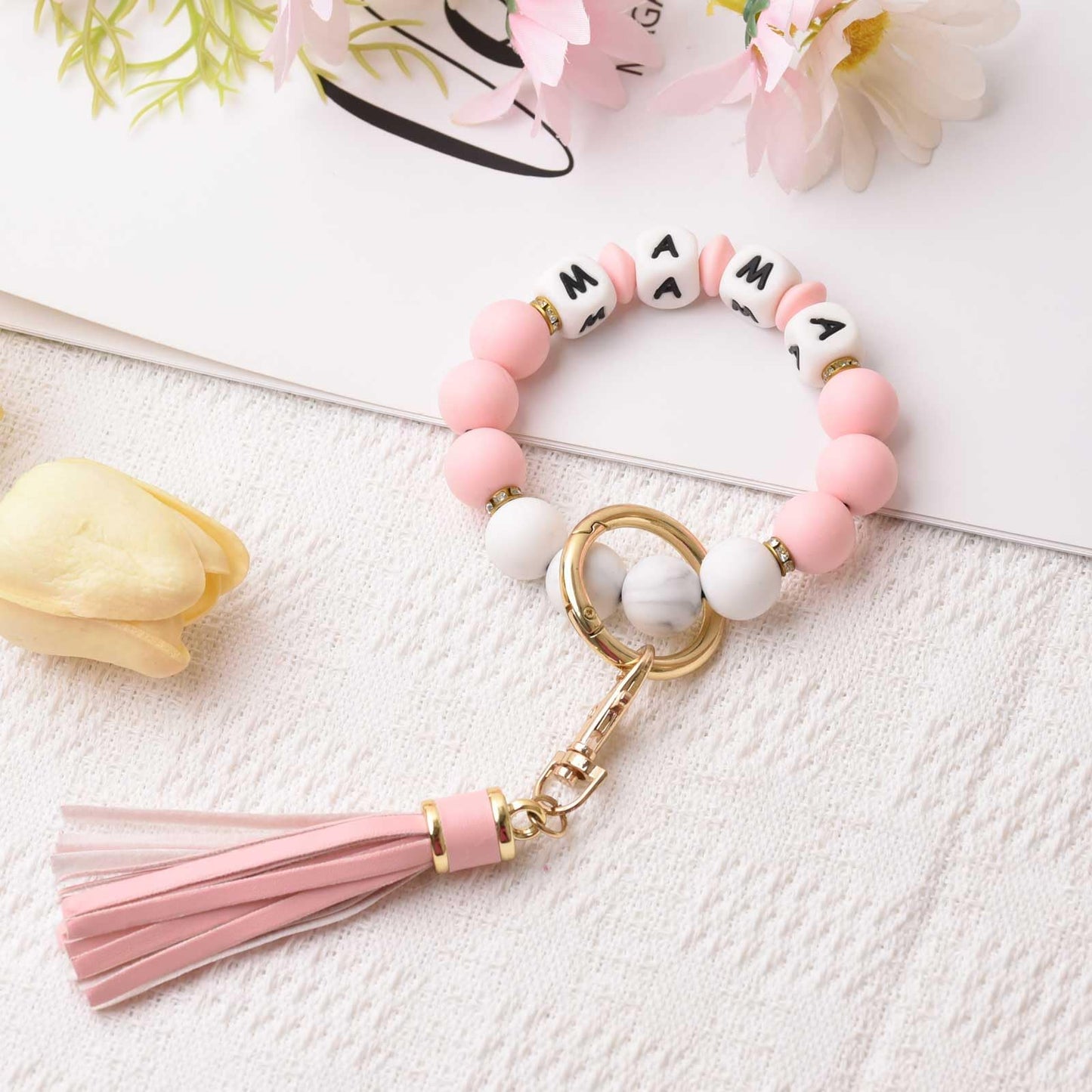 BAOSIWA Silicone Beaded Bracelet Keychain Wristlet Key Ring Bangle Chains for Women with Leather Tassel