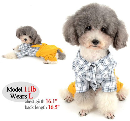 Pet Clothes Dog Shirts Classic Plaid Striped Overall Jumpsuit, Gentle Puppy Wedding Birthday Western Onesies Apparel, Fashion Daily Outfit with Bowtie for Dogs and Cats (Medium, Khaki)
