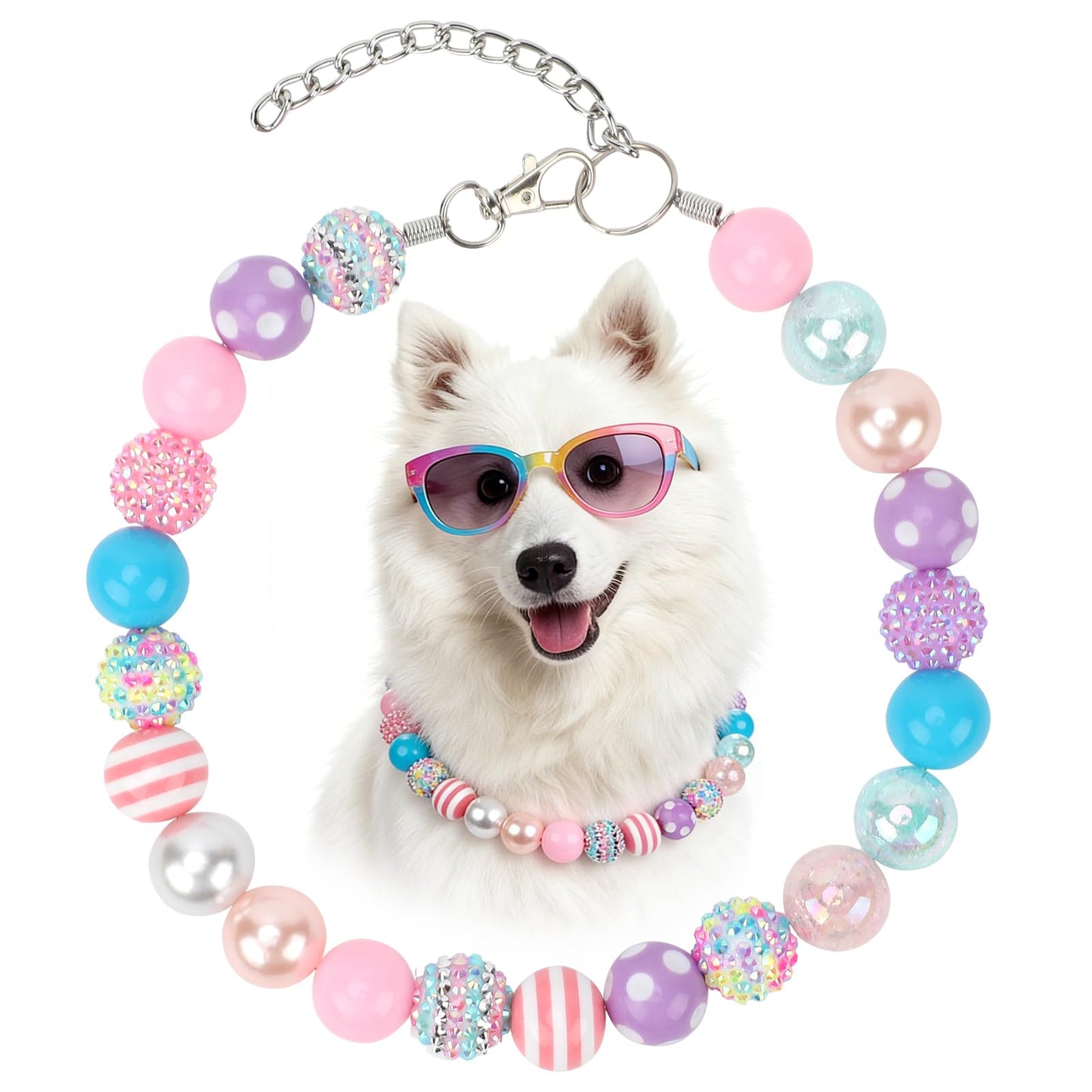 BWOGUE Adjustable Bubblegum Dog Collar Necklace - Sparkly Candy Color Beaded Pet Collar Jewelry for Medium Large Dogs, Party Accessory for Dogs Birthday & Valentine’s Day Gifts(L,16.0"-19.0")