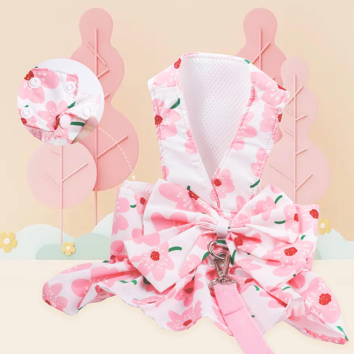 Dog Dress Bowknot Harness Leash Set for Small Girl Dogs Pink Floral Dog Cat Clothes Cute Puppy Outfits Pet Clothes Spring Summer Breathable Dresses(Samll)