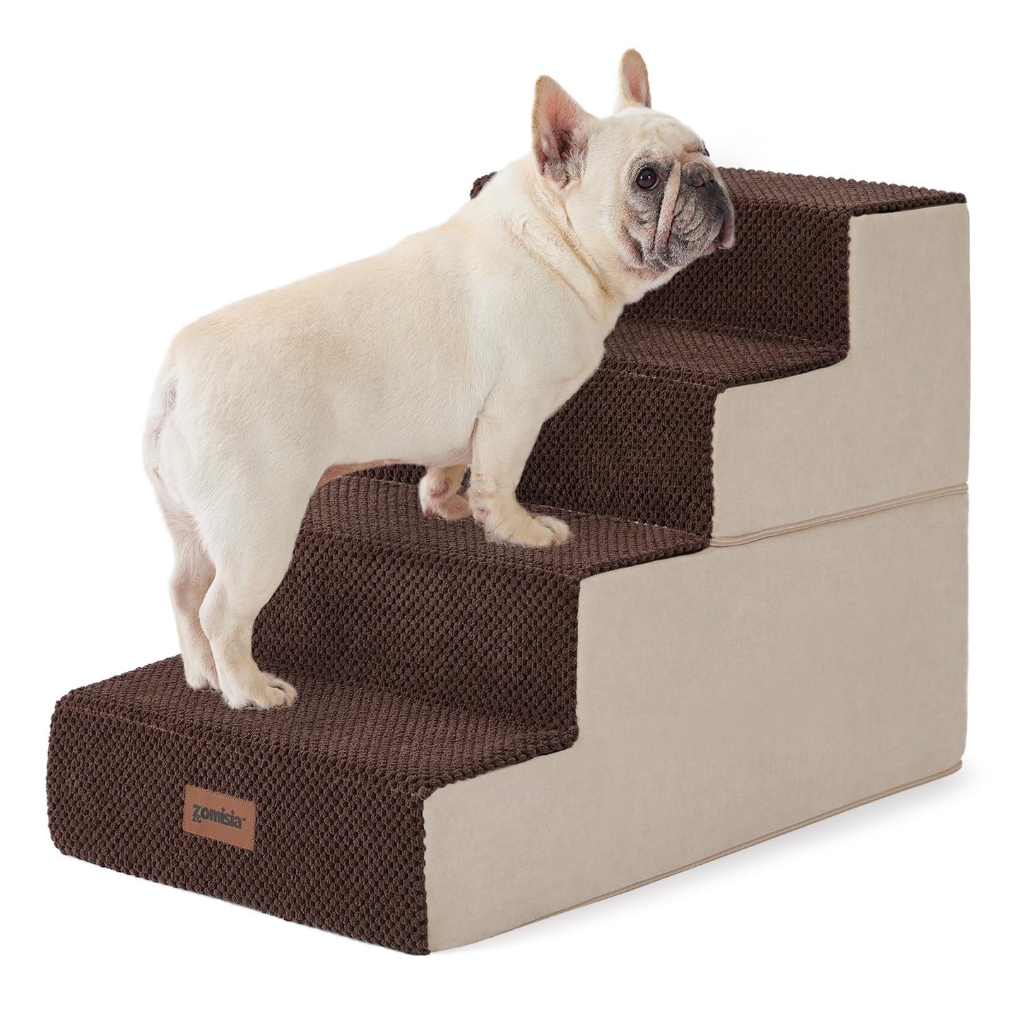 Dog Stairs for Small Dogs - Pet Stairs 2 in 1 with Zippers Suitable for Couch and Bed, 35D Foam Dog Steps with Non Slip Bottom Grey 4 Steps, Beige