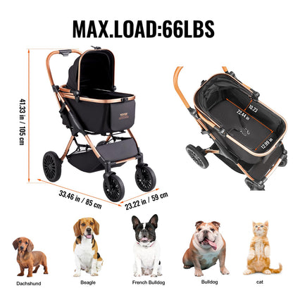 VEVOR Pet Stroller, 35 lbs Weight Capacity, Foldable Dog Stroller Cart, 4 Wheels Cats Strollers with with Detachable Carrier & Mesh Windows, Portable Design with Brake for Small to Medium Pets