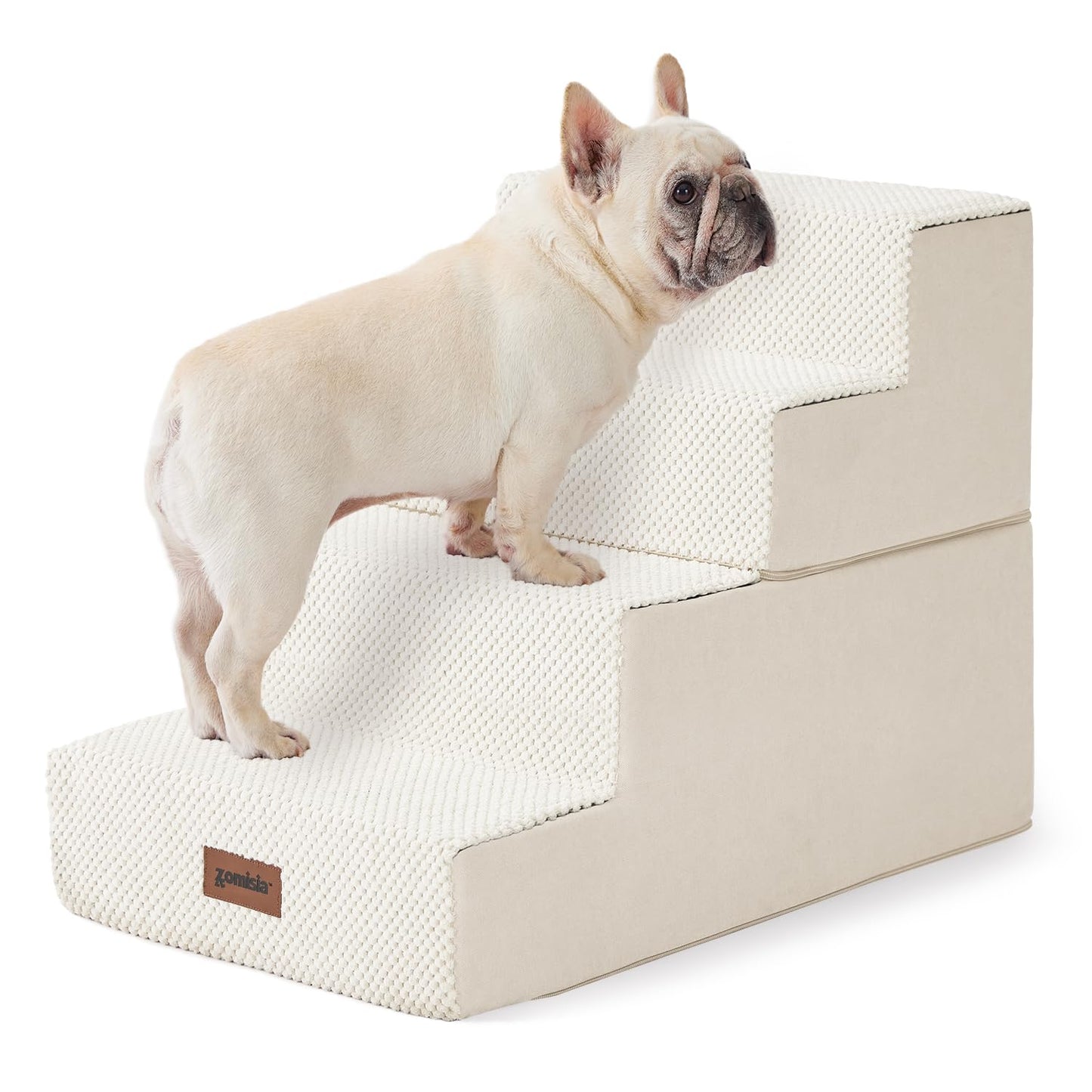 Dog Stairs for Small Dogs - Pet Stairs 2 in 1 with Zippers Suitable for Couch and Bed, 35D Foam Dog Steps with Non Slip Bottom Grey 4 Steps, Beige