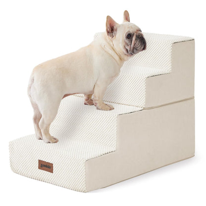 Dog Stairs for Small Dogs - Pet Stairs 2 in 1 with Zippers Suitable for Couch and Bed, 35D Foam Dog Steps with Non Slip Bottom Grey 4 Steps, Beige