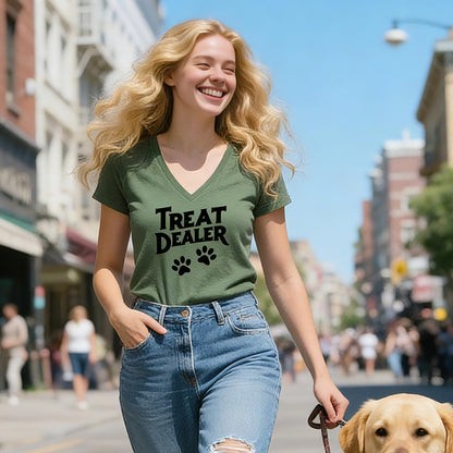 Treat Dealer T Shirt Women, V Neck Short Sleeve Tops Cute Dog Paw Print Graphic Tees Funny Humor Dog Owner Shirts