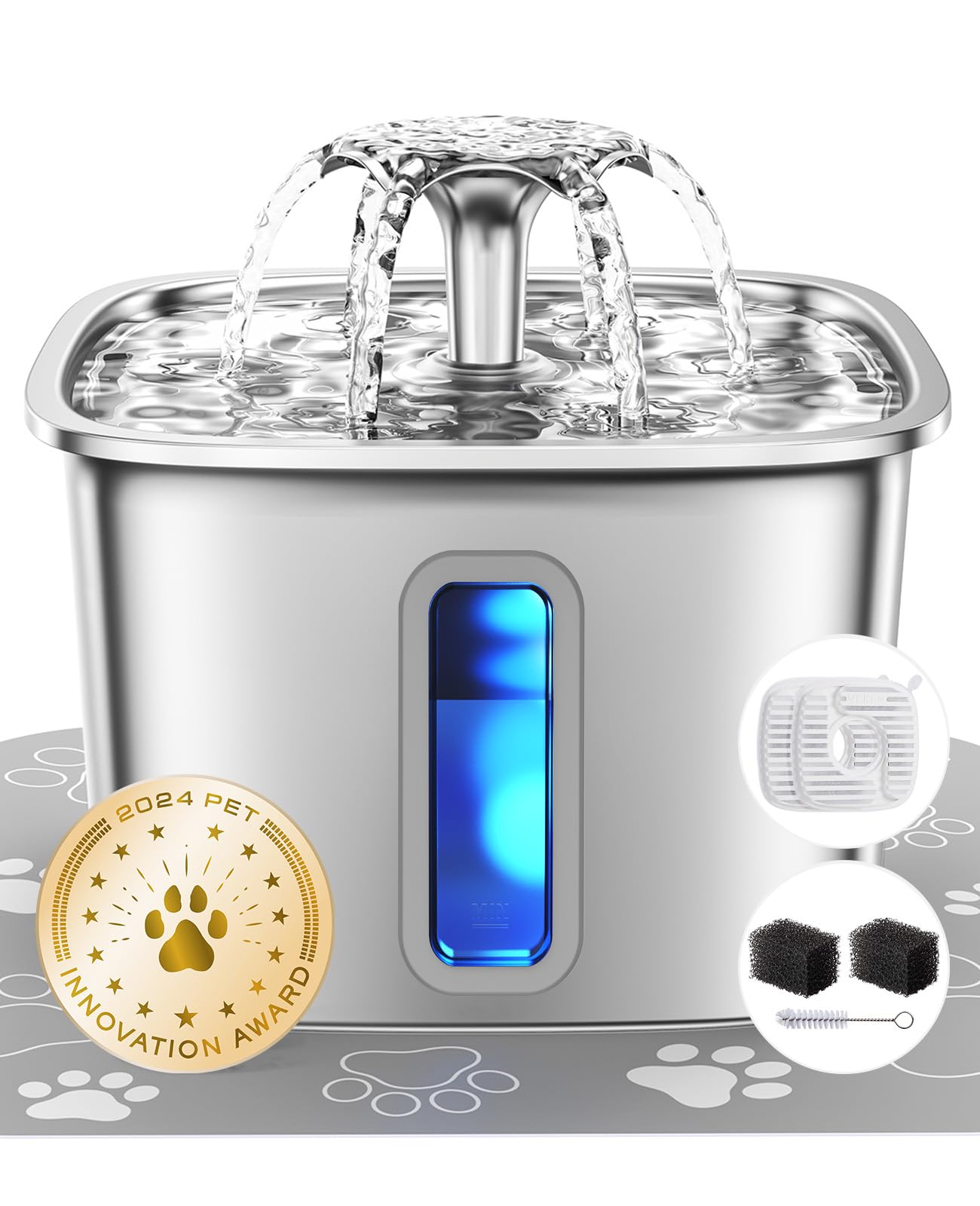 Veken Innovation Award Winner Stainless Steel Cat Water Fountain, 108oz/3.2L Automatic Pet Fountain Dog Water Dispenser with 3 Replacement Filters & Silicone Mat, Gifts for Cats, Dogs (Silver)