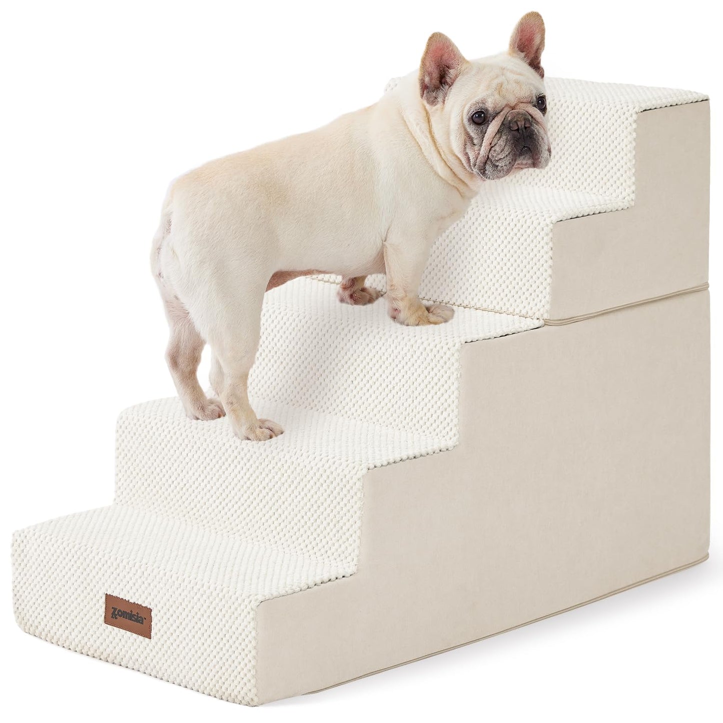 Dog Stairs for Small Dogs - Pet Stairs 2 in 1 with Zippers Suitable for Couch and Bed, 35D Foam Dog Steps with Non Slip Bottom Grey 4 Steps, Beige