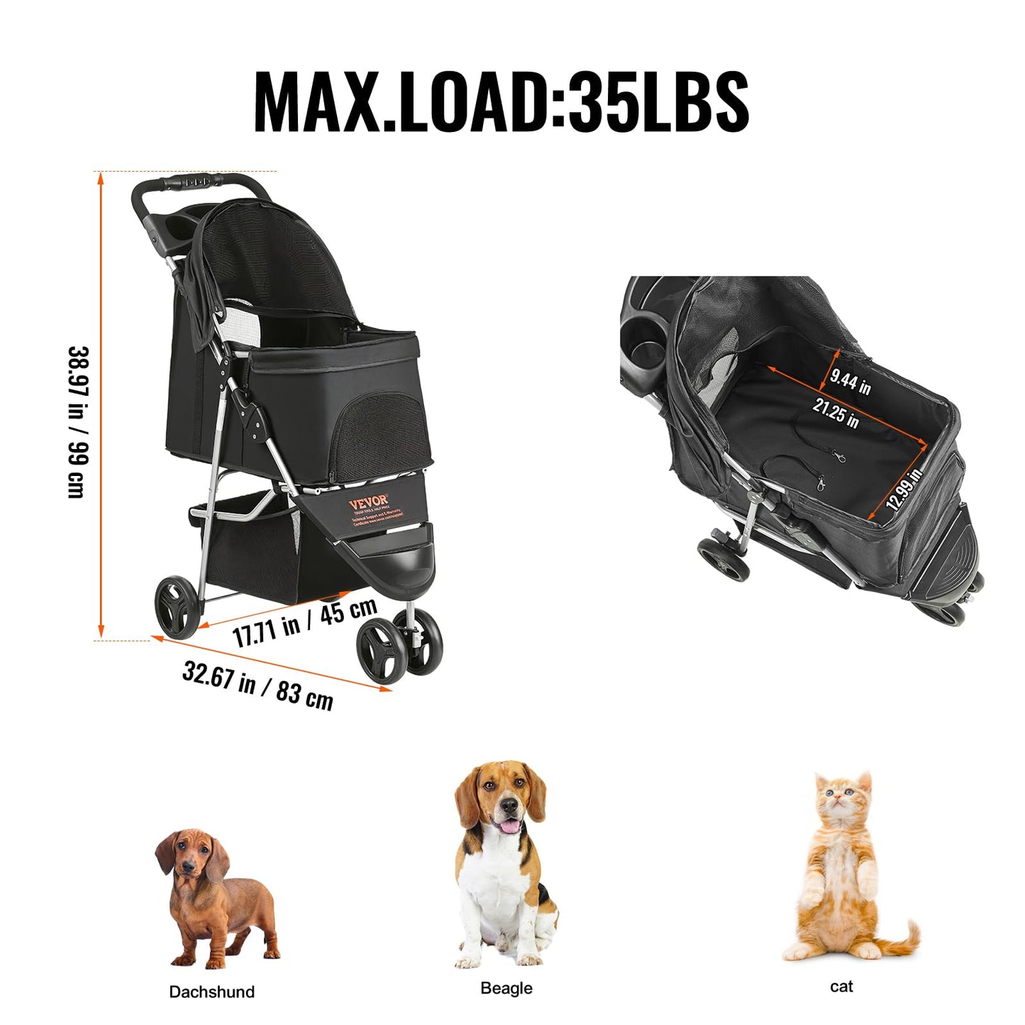VEVOR Pet Stroller, 35 lbs Weight Capacity, Foldable Dog Stroller Cart, 4 Wheels Cats Strollers with with Detachable Carrier & Mesh Windows, Portable Design with Brake for Small to Medium Pets