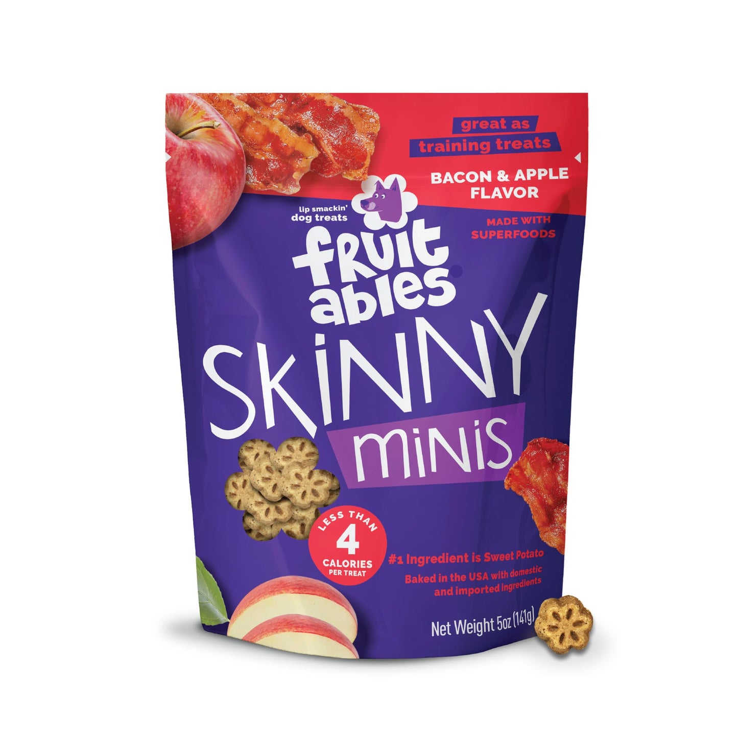Fruitables Skinny Mini Dog Treats, Healthy Sweet Potato Treat for Dogs, Low Calorie & Delicious, Puppy Training, No Wheat, Corn or Soy, Made in the USA, Bacon and Apple Flavor, 12oz