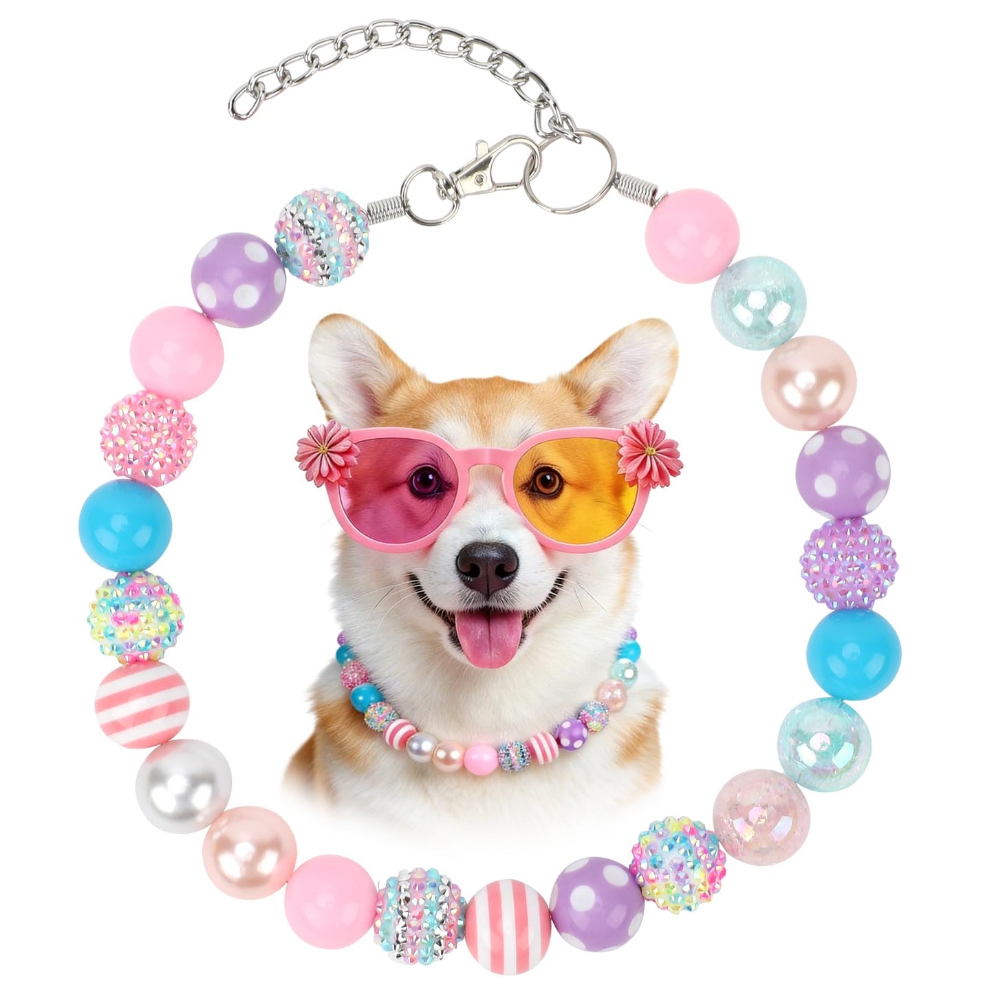 BWOGUE Adjustable Bubblegum Dog Collar Necklace - Sparkly Candy Color Beaded Pet Collar Jewelry for Medium Large Dogs, Party Accessory for Dogs Birthday & Valentine’s Day Gifts(L,16.0"-19.0")