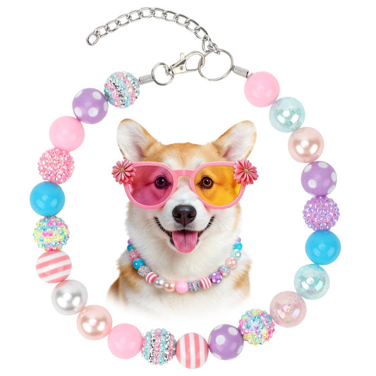 BWOGUE Adjustable Bubblegum Dog Collar Necklace - Sparkly Candy Color Beaded Pet Collar Jewelry for Medium Large Dogs, Party Accessory for Dogs Birthday & Valentine’s Day Gifts(L,16.0"-19.0")