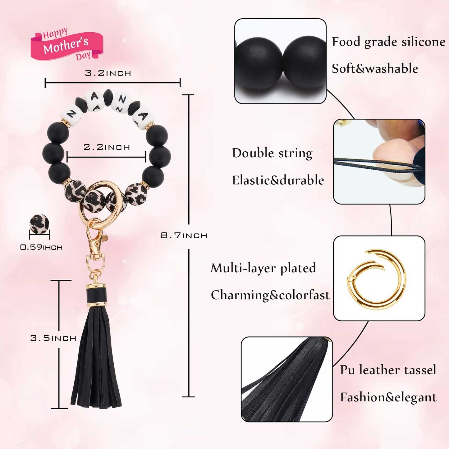 BAOSIWA Silicone Beaded Bracelet Keychain Wristlet Key Ring Bangle Chains for Women with Leather Tassel