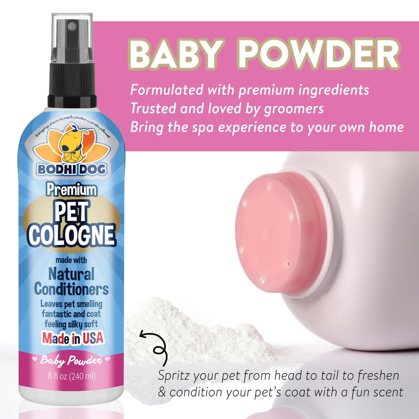 Bodhi Dog Premium Dog Cologne - Deodorizing Dog Perfume & Conditioner for Dogs & Cats - Natural Long Lasting Spray - Keeps Pets Fresh All Day - Gentle & Safe Formula, Made in USA (Baby Powder 4 Fl Oz)