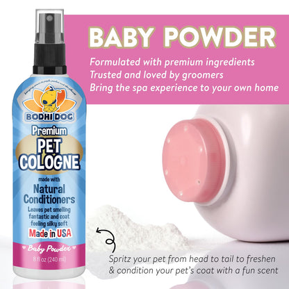 Bodhi Dog Premium Dog Cologne - Deodorizing Dog Perfume & Conditioner for Dogs & Cats - Natural Long Lasting Spray - Keeps Pets Fresh All Day - Gentle & Safe Formula, Made in USA (Baby Powder 4 Fl Oz)