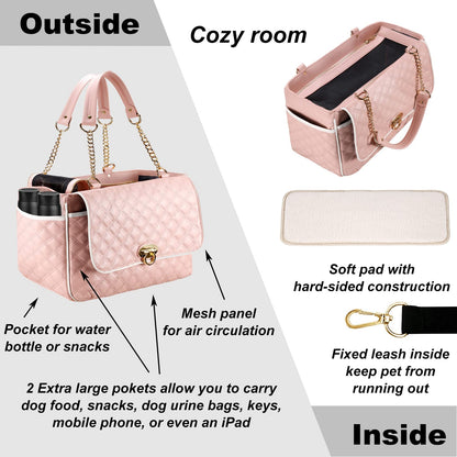 Fashion Dog Purse for Small Dogs with 2 Super-Large Pockets, Holds Up to 10lbs PU Leather Pet Carrier, Cat Carrier, Airline Approved Puppy Purse for Travel (Black, Small Size)