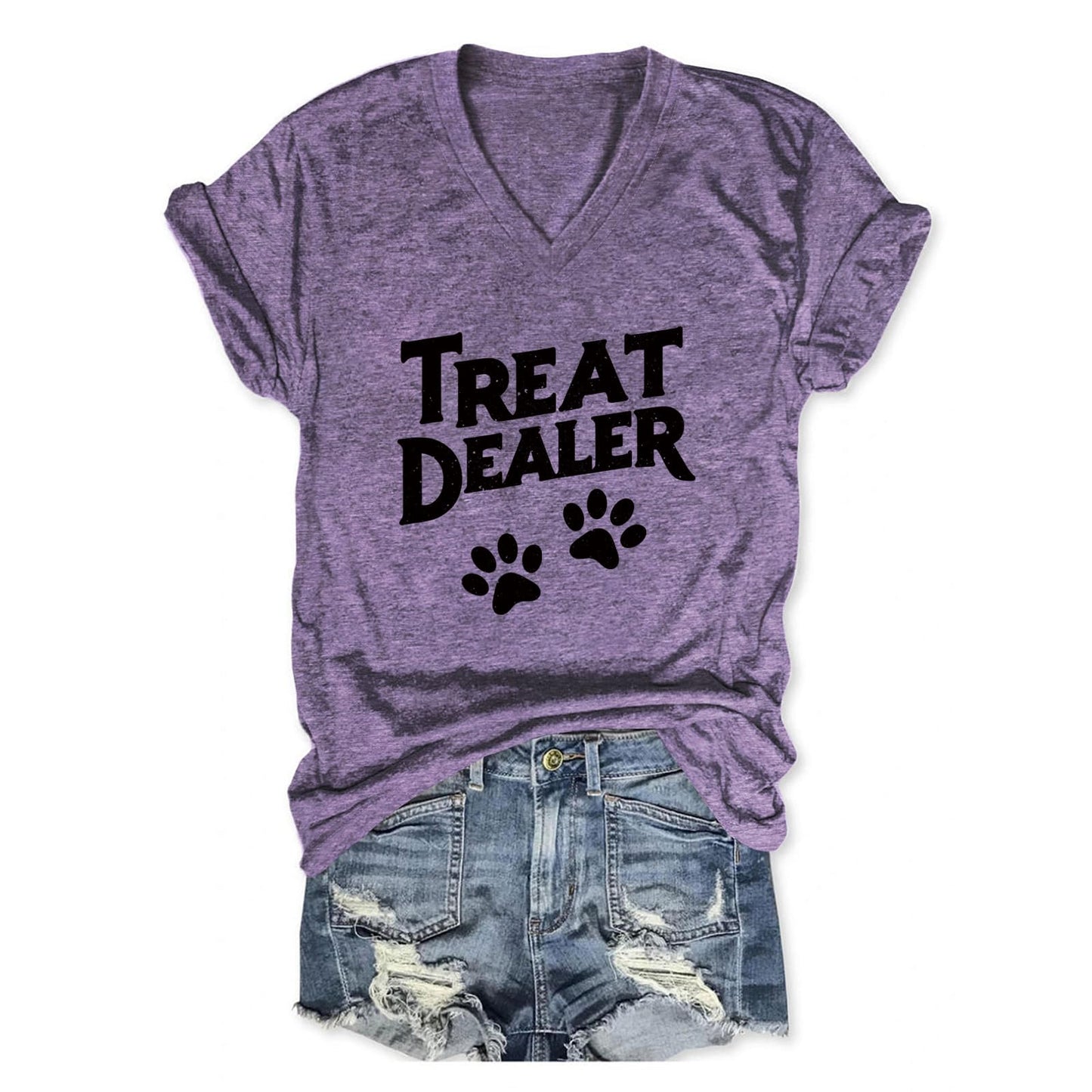 Treat Dealer T Shirt Women, V Neck Short Sleeve Tops Cute Dog Paw Print Graphic Tees Funny Humor Dog Owner Shirts