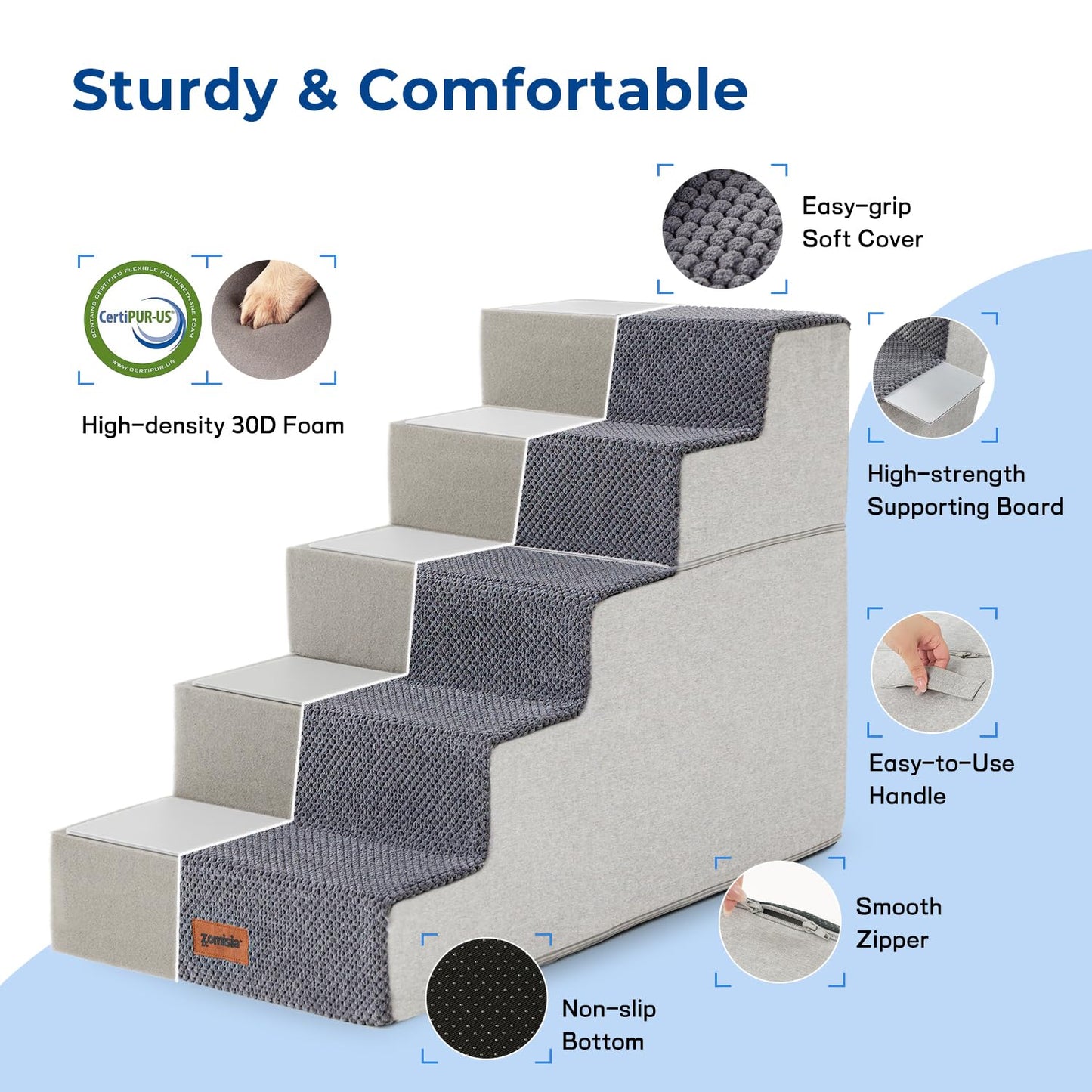 Dog Stairs for Small Dogs - Pet Stairs 2 in 1 with Zippers Suitable for Couch and Bed, 35D Foam Dog Steps with Non Slip Bottom Grey 4 Steps, Beige
