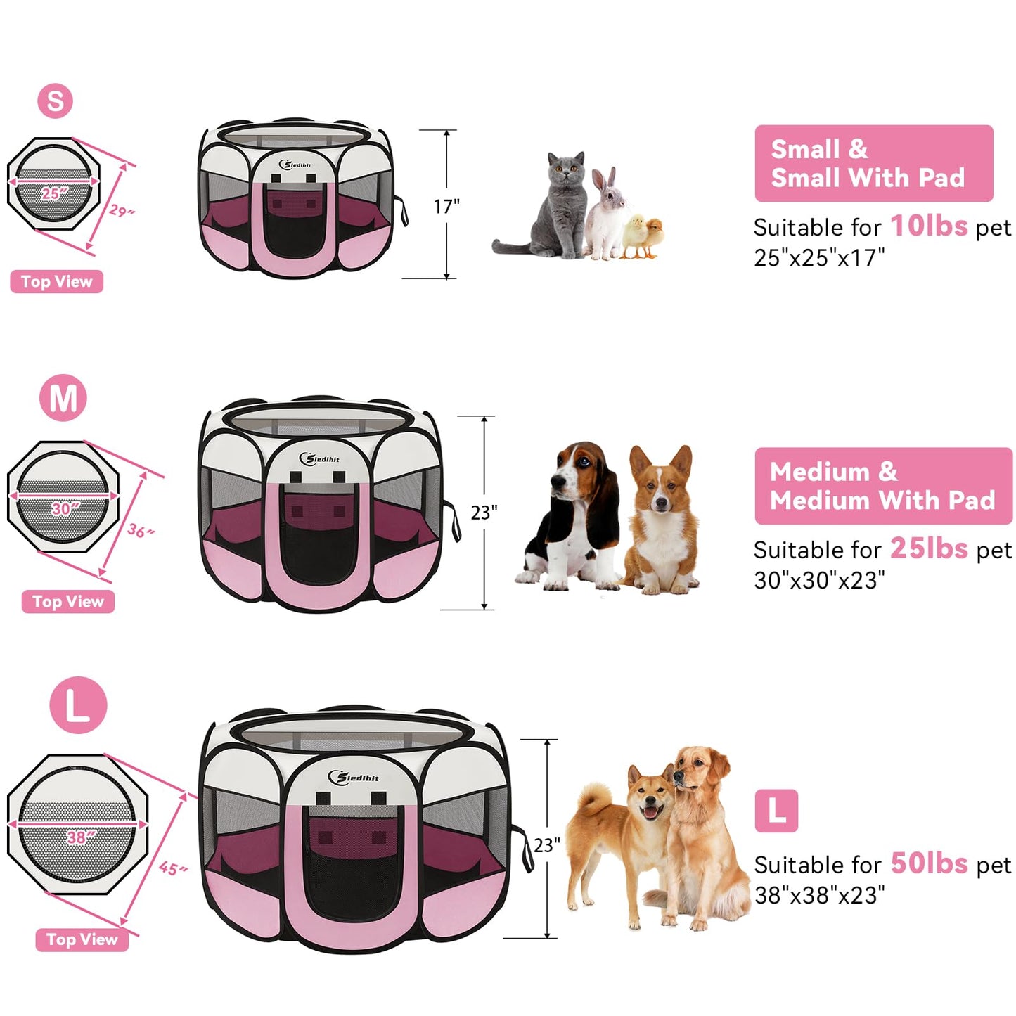 Siedihit Dog Cat Playpen, Puppy Pet Playpen Indoor for Small Dog Crate Tent Cage Outdoor, Portable Pop Up Dogs Enclosure Kennel with Carrying Case for Dogs/Cats/Rabbits(Grey, Small