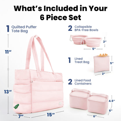 rubyloo Puffer Dog Travel Bag for Dog Moms – Doggy Diaper Bag with Pet Bowls & Food Storage or Everyday Puffy Tote – Doggy Mom Gifts for Women – Lightweight, Travel-Ready Gift for Pet Lovers – Beige