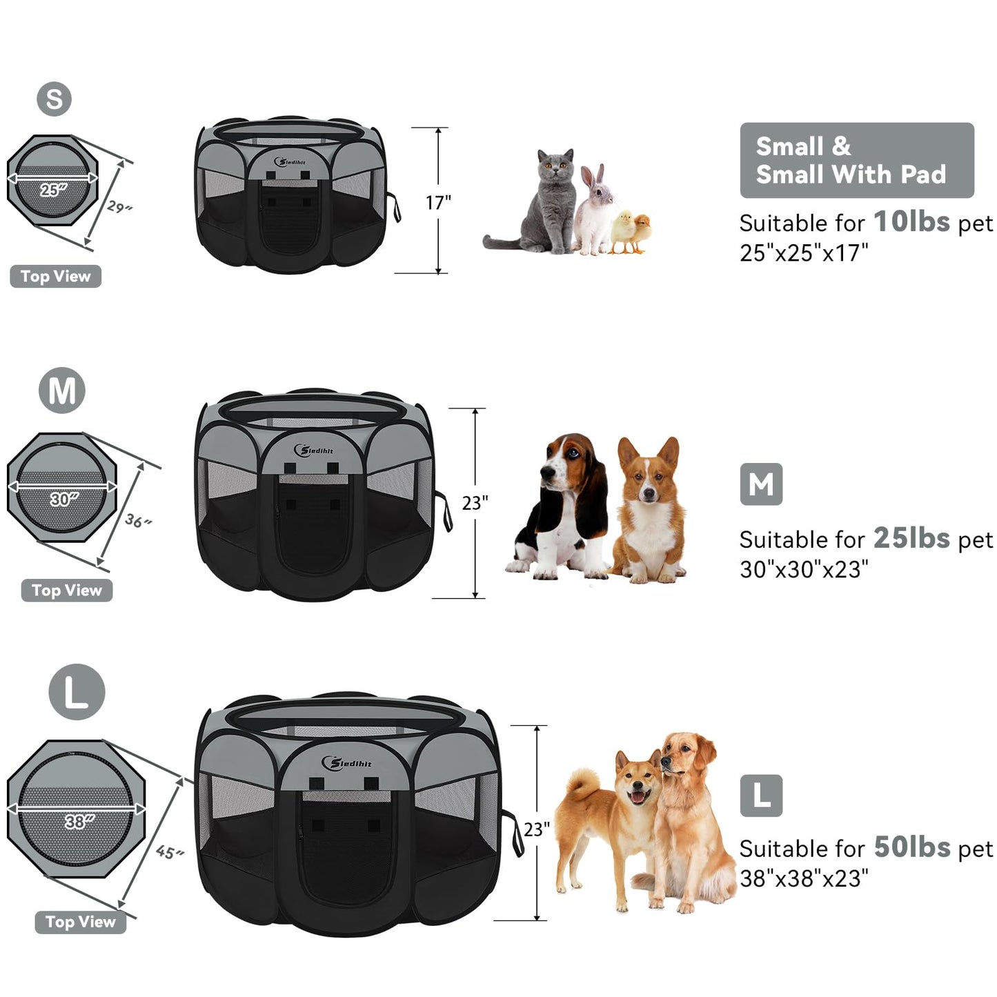 Siedihit Dog Cat Playpen, Puppy Pet Playpen Indoor for Small Dog Crate Tent Cage Outdoor, Portable Pop Up Dogs Enclosure Kennel with Carrying Case for Dogs/Cats/Rabbits(Grey, Small