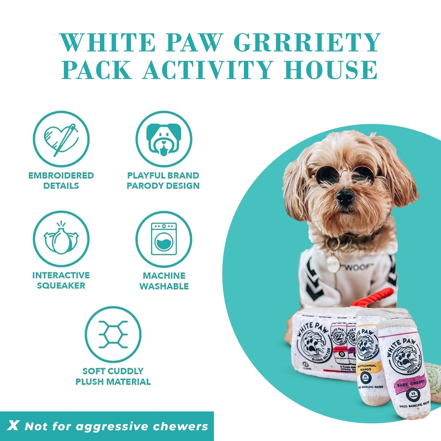 Haute Diggity Dog White Paw Grrriety Pack Activity House, Plush Designer Dog Toys with Interactive Squeaker, Stimulating Pet Enrichment, Machine-Washable & Safe Materials for All Breeds, One Size