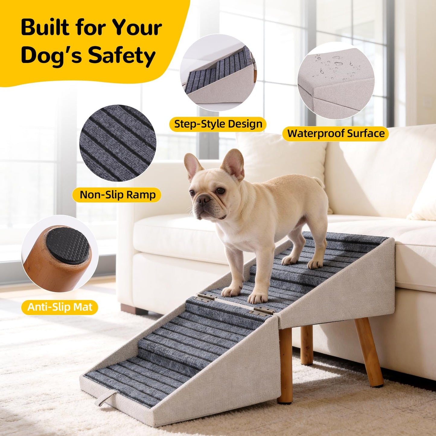 17.13" H Dog Stairs for Small Dogs, 2-in-1 Pet Steps & Ottoman - Foldable Dog Stairs for Couch, Non-Slip Wooden Pet Stairs for Puppy Senior Injured Dogs (Black)