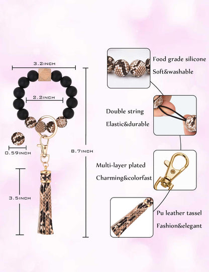 BAOSIWA Silicone Beaded Bracelet Keychain Wristlet Key Ring Bangle Chains for Women with Leather Tassel