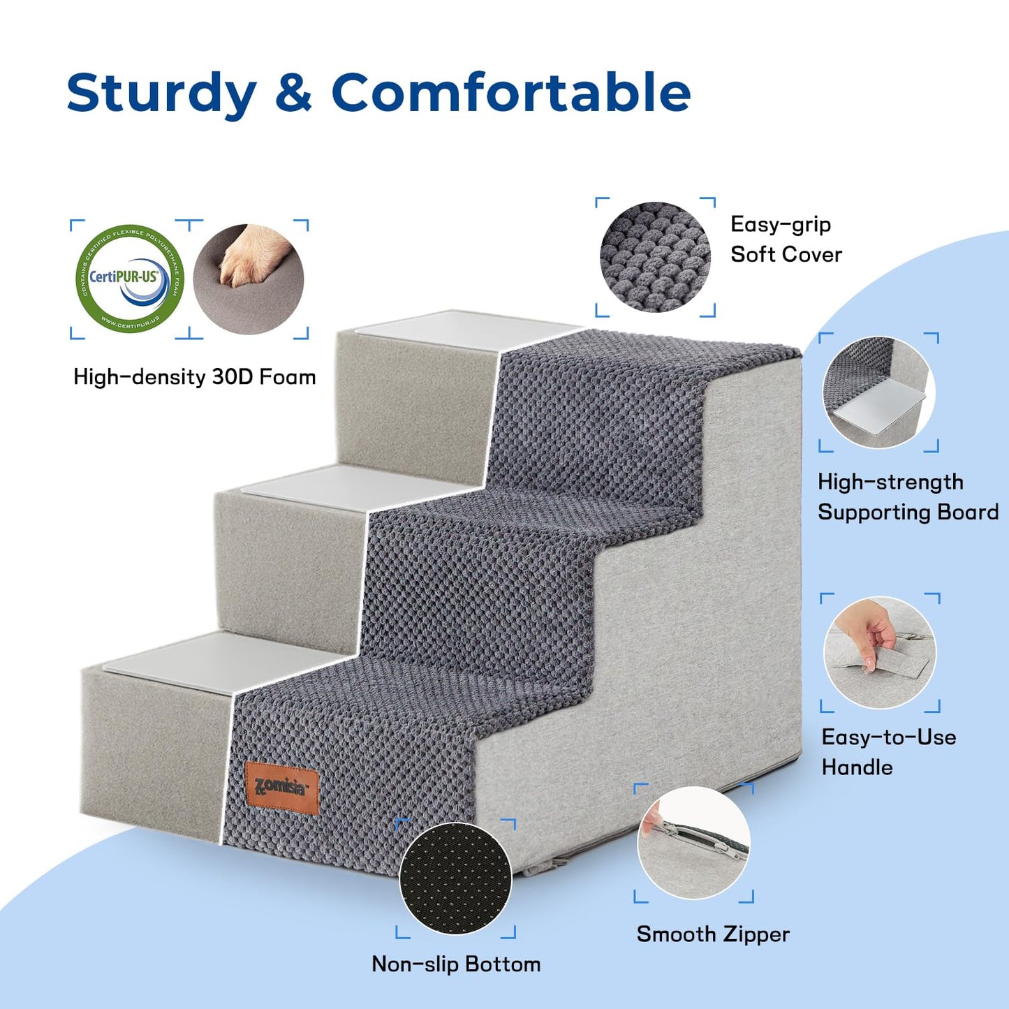 Dog Stairs for Small Dogs - Pet Stairs 2 in 1 with Zippers Suitable for Couch and Bed, 35D Foam Dog Steps with Non Slip Bottom Grey 4 Steps, Beige