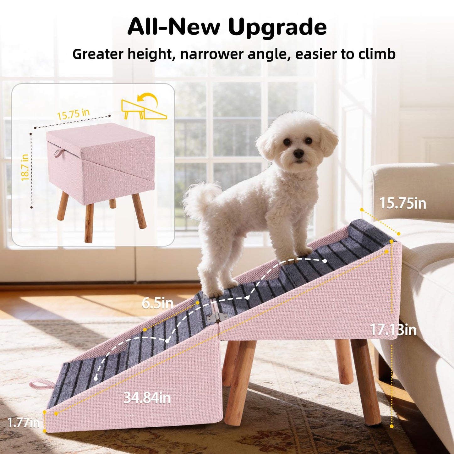 17.13" H Dog Stairs for Small Dogs, 2-in-1 Pet Steps & Ottoman - Foldable Dog Stairs for Couch, Non-Slip Wooden Pet Stairs for Puppy Senior Injured Dogs (Black)