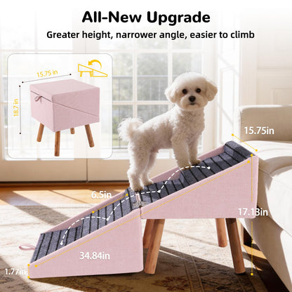 17.13" H Dog Stairs for Small Dogs, 2-in-1 Pet Steps & Ottoman - Foldable Dog Stairs for Couch, Non-Slip Wooden Pet Stairs for Puppy Senior Injured Dogs (Black)
