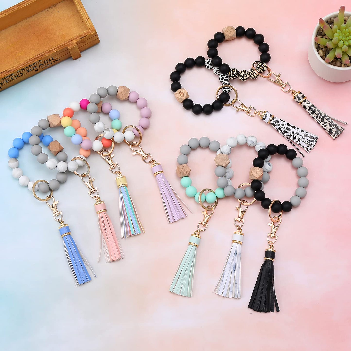 BAOSIWA Silicone Beaded Bracelet Keychain Wristlet Key Ring Bangle Chains for Women with Leather Tassel