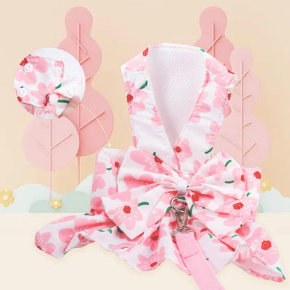 Dog Dress Bowknot Harness Leash Set for Small Girl Dogs Pink Floral Dog Cat Clothes Cute Puppy Outfits Pet Clothes Spring Summer Breathable Dresses(Samll)
