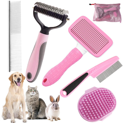 Bath Grooming Kit for Pets - Hair Brush Set with Towel, Washing Gloves, and Shampoo Scrubber Brush for Dogs and Cats (Pink)