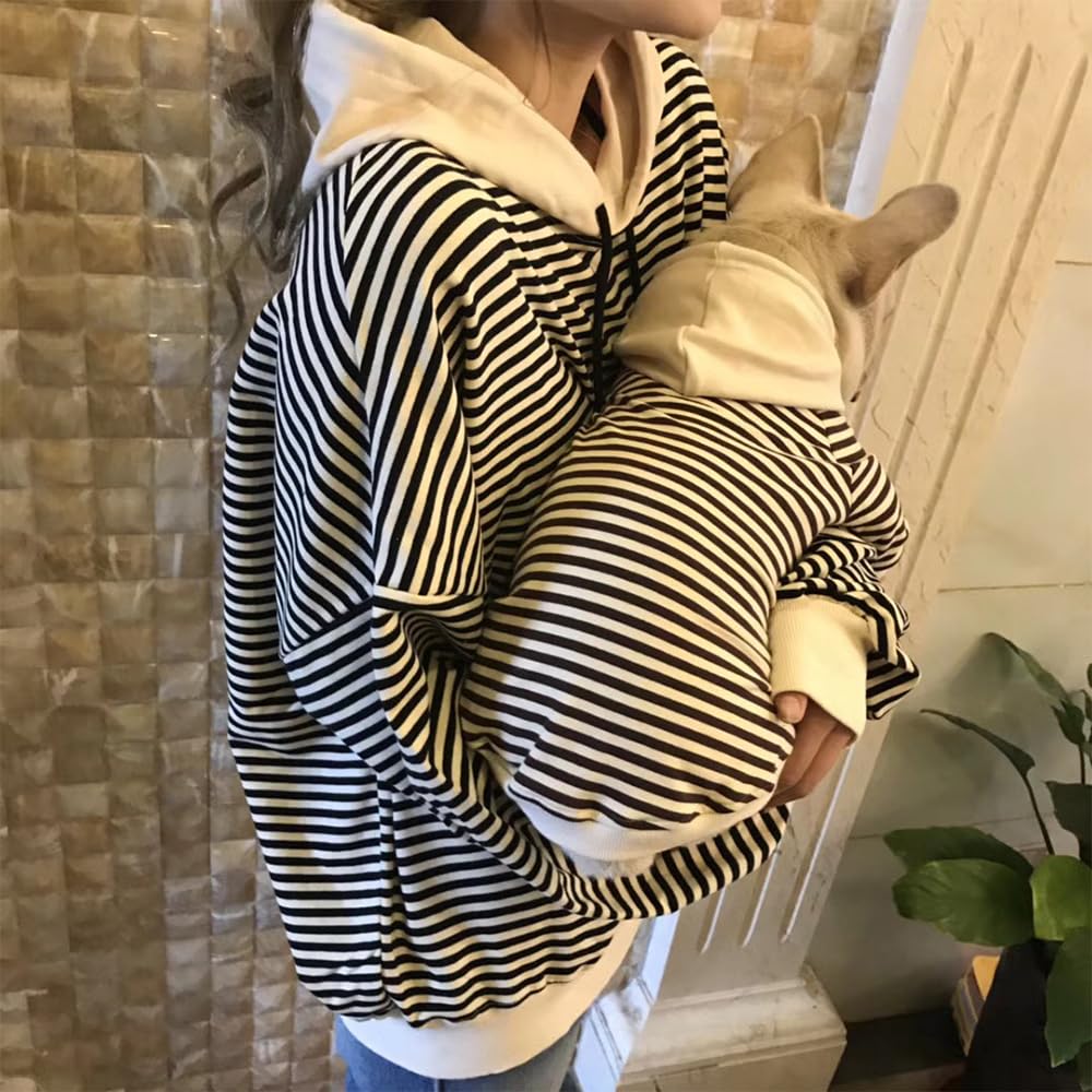 Matching Dog and Owner Clothes Separately Sold,Striped Mom Dad Dog Hoodie for Small Dogs Cats,Puppy Sweatshirt Fall Winter(Black,Owner M)