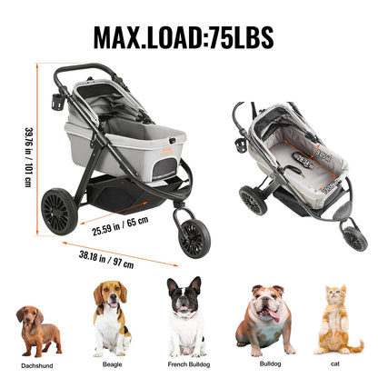 VEVOR Pet Stroller, 35 lbs Weight Capacity, Foldable Dog Stroller Cart, 4 Wheels Cats Strollers with with Detachable Carrier & Mesh Windows, Portable Design with Brake for Small to Medium Pets