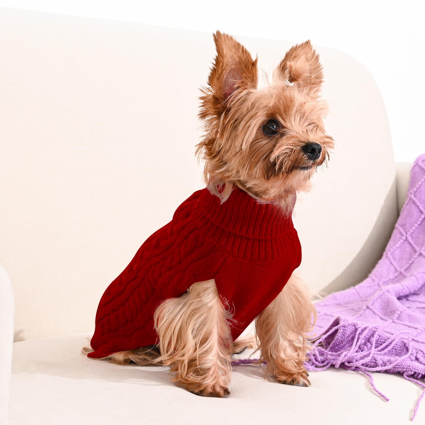 2 Pack Dog Sweaters for Small Dogs Winter Turtleneck Pullover Cable Knit Fleece Stretch Puppy Doggie Chihuahua Toy Poodle Yorkie Pomeranian Boy Girl Pet Clothes (S, Pink & Purple)