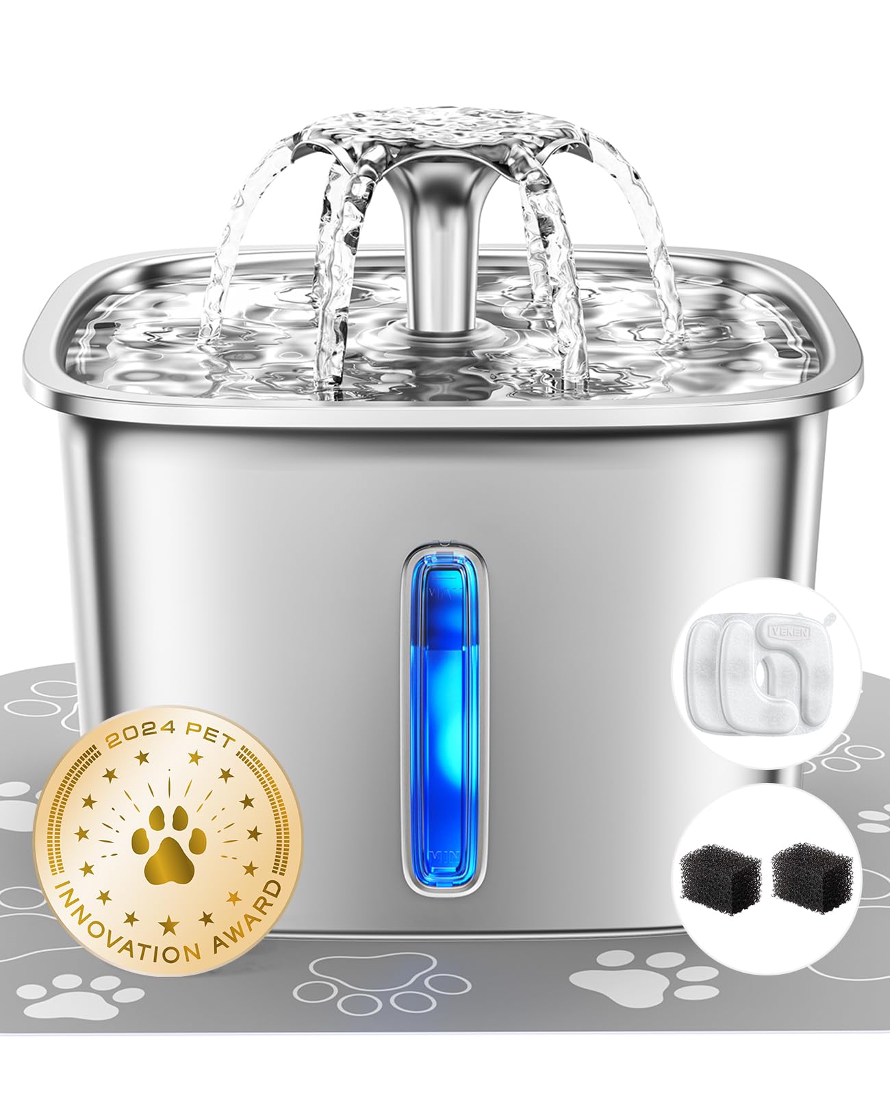 Veken Innovation Award Winner Stainless Steel Cat Water Fountain, 108oz/3.2L Automatic Pet Fountain Dog Water Dispenser with 3 Replacement Filters & Silicone Mat, Gifts for Cats, Dogs (Silver)