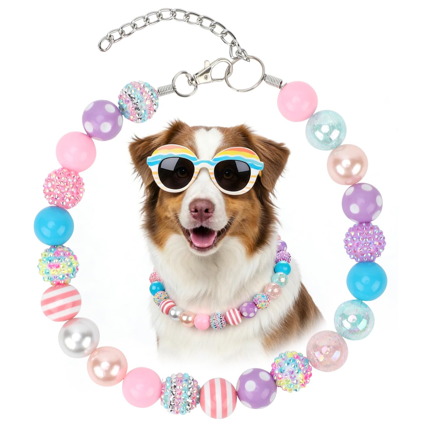 BWOGUE Adjustable Bubblegum Dog Collar Necklace - Sparkly Candy Color Beaded Pet Collar Jewelry for Medium Large Dogs, Party Accessory for Dogs Birthday & Valentine’s Day Gifts(L,16.0"-19.0")