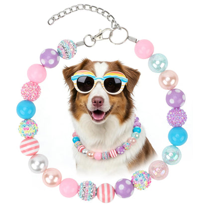 BWOGUE Adjustable Bubblegum Dog Collar Necklace - Sparkly Candy Color Beaded Pet Collar Jewelry for Medium Large Dogs, Party Accessory for Dogs Birthday & Valentine’s Day Gifts(L,16.0"-19.0")
