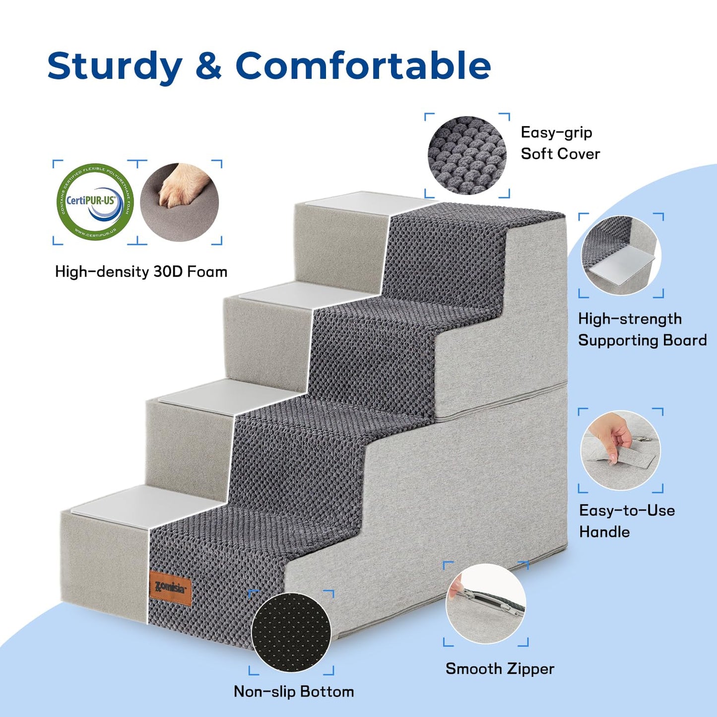 Dog Stairs for Small Dogs - Pet Stairs 2 in 1 with Zippers Suitable for Couch and Bed, 35D Foam Dog Steps with Non Slip Bottom Grey 4 Steps, Beige