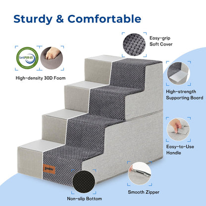 Dog Stairs for Small Dogs - Pet Stairs 2 in 1 with Zippers Suitable for Couch and Bed, 35D Foam Dog Steps with Non Slip Bottom Grey 4 Steps, Beige