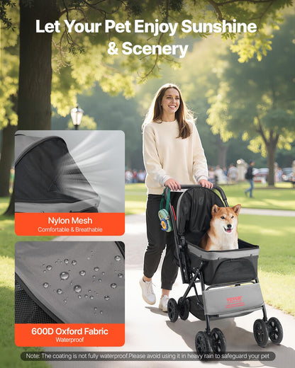 VEVOR Pet Stroller, 35 lbs Weight Capacity, Foldable Dog Stroller Cart, 4 Wheels Cats Strollers with with Detachable Carrier & Mesh Windows, Portable Design with Brake for Small to Medium Pets