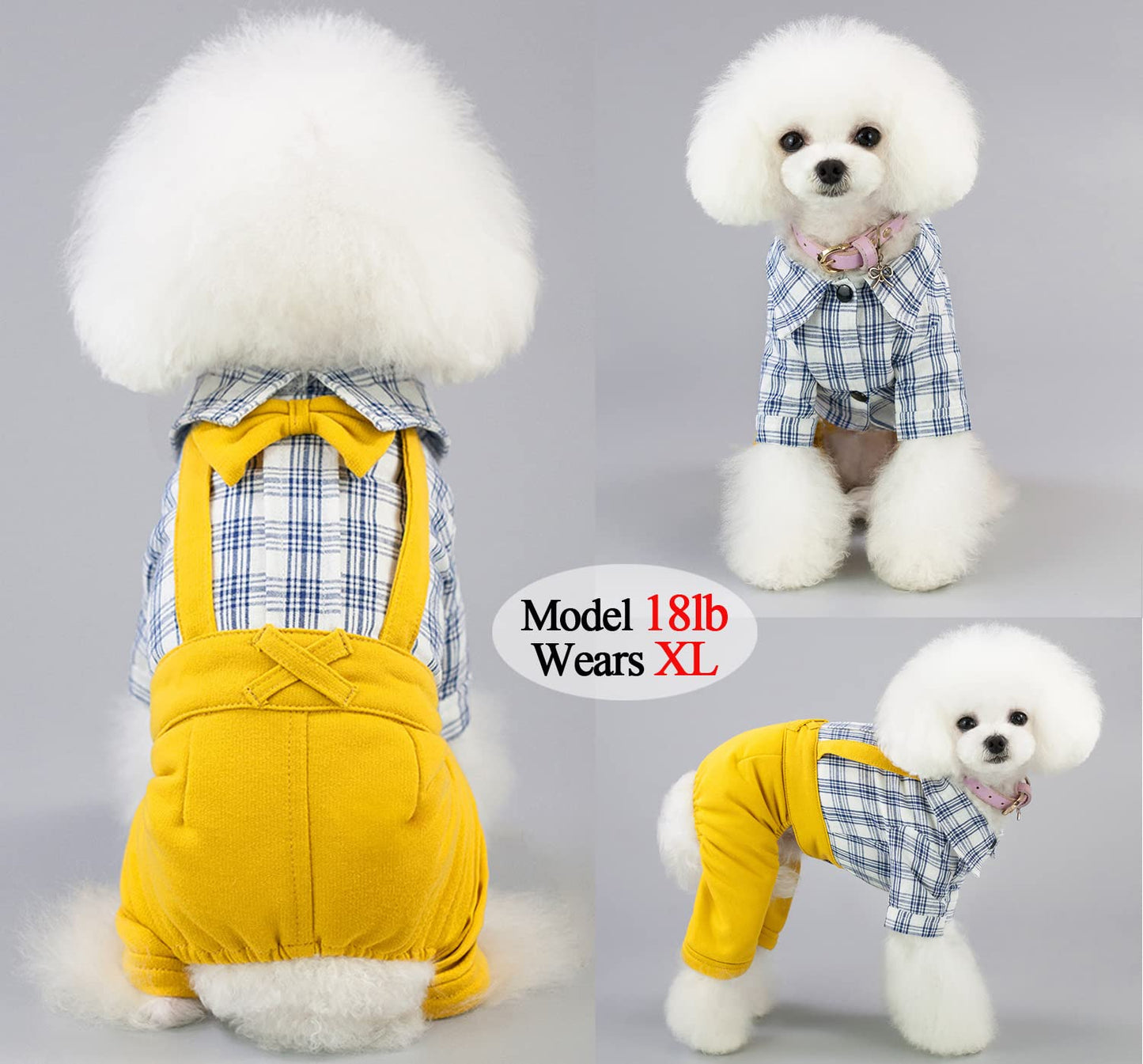 Pet Clothes Dog Shirts Classic Plaid Striped Overall Jumpsuit, Gentle Puppy Wedding Birthday Western Onesies Apparel, Fashion Daily Outfit with Bowtie for Dogs and Cats (Medium, Khaki)