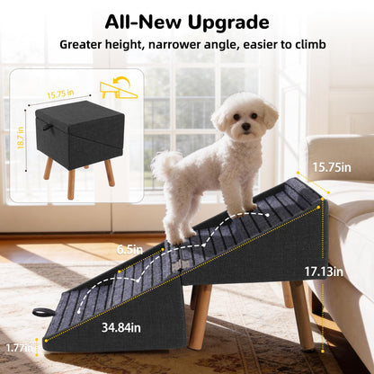 17.13" H Dog Stairs for Small Dogs, 2-in-1 Pet Steps & Ottoman - Foldable Dog Stairs for Couch, Non-Slip Wooden Pet Stairs for Puppy Senior Injured Dogs (Black)
