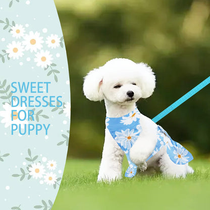 Dog Dress Bowknot Harness Leash Set for Small Girl Dogs Pink Floral Dog Cat Clothes Cute Puppy Outfits Pet Clothes Spring Summer Breathable Dresses(Samll)