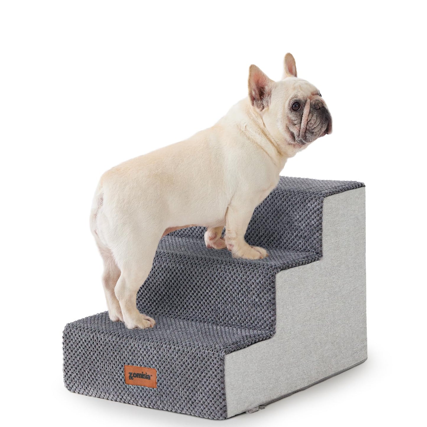 Dog Stairs for Small Dogs - Pet Stairs 2 in 1 with Zippers Suitable for Couch and Bed, 35D Foam Dog Steps with Non Slip Bottom Grey 4 Steps, Beige